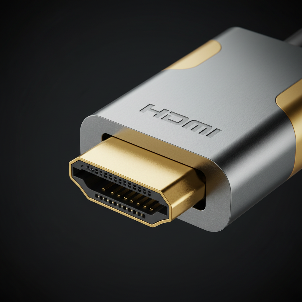 A macro close-up shot of a high-quality gold-plated HDMI 2.1 connector, showing intricate internal pin details and a sleek metallic casing with the HDMI logo engraved, isolated on a dark minimalist background with professional studio lighting.
