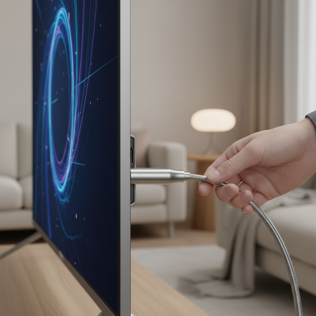 A side view of a slim, modern 4K OLED TV showing a high-speed braided HDMI cable being plugged into the side port, soft bokeh background of a cozy living room, high-resolution photography.