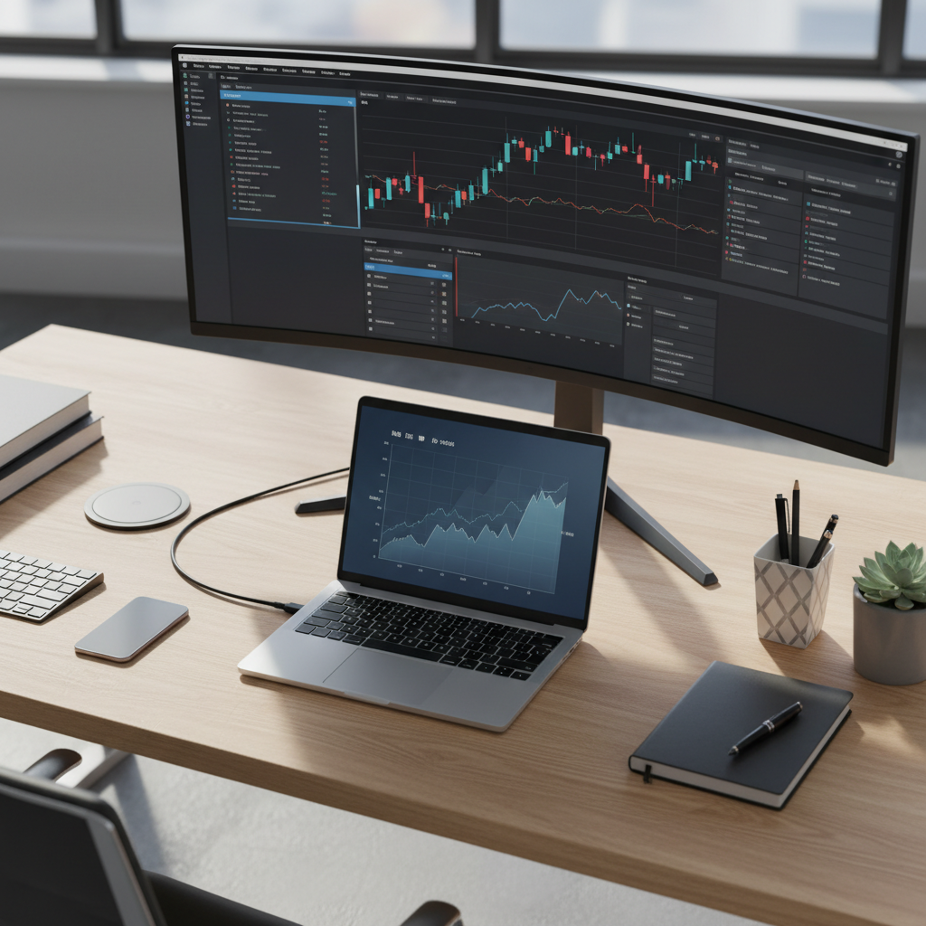 A professional workspace setup featuring a high-end laptop connected to a wide curved monitor via a sleek black HDMI cable, clean desk aesthetics, bright natural daylight, top-down perspective.