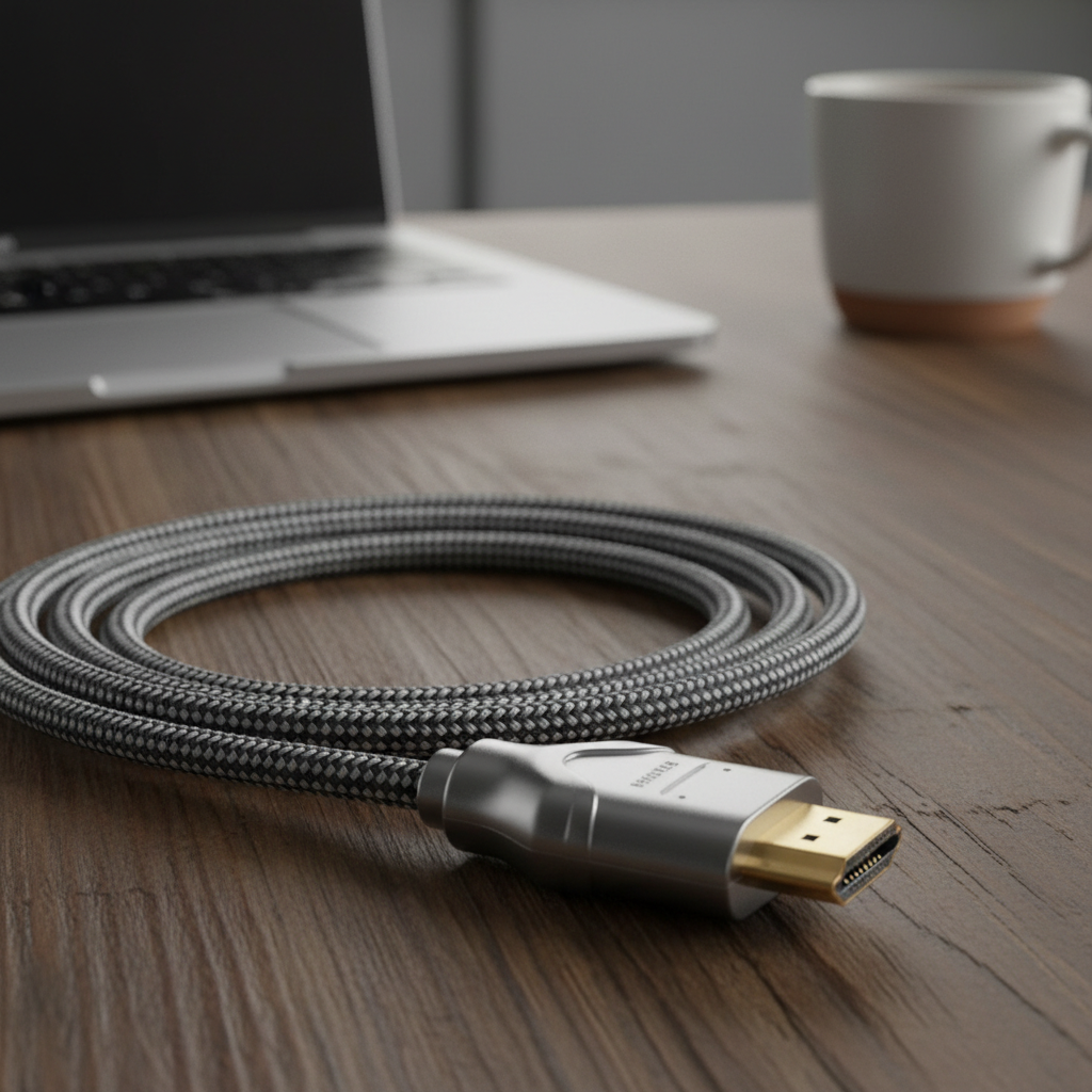 An artistic shot of a durable nylon-braided HDMI cable coiled elegantly on a wooden table, focusing on the texture of the fabric and the sturdy strain relief design near the connector.